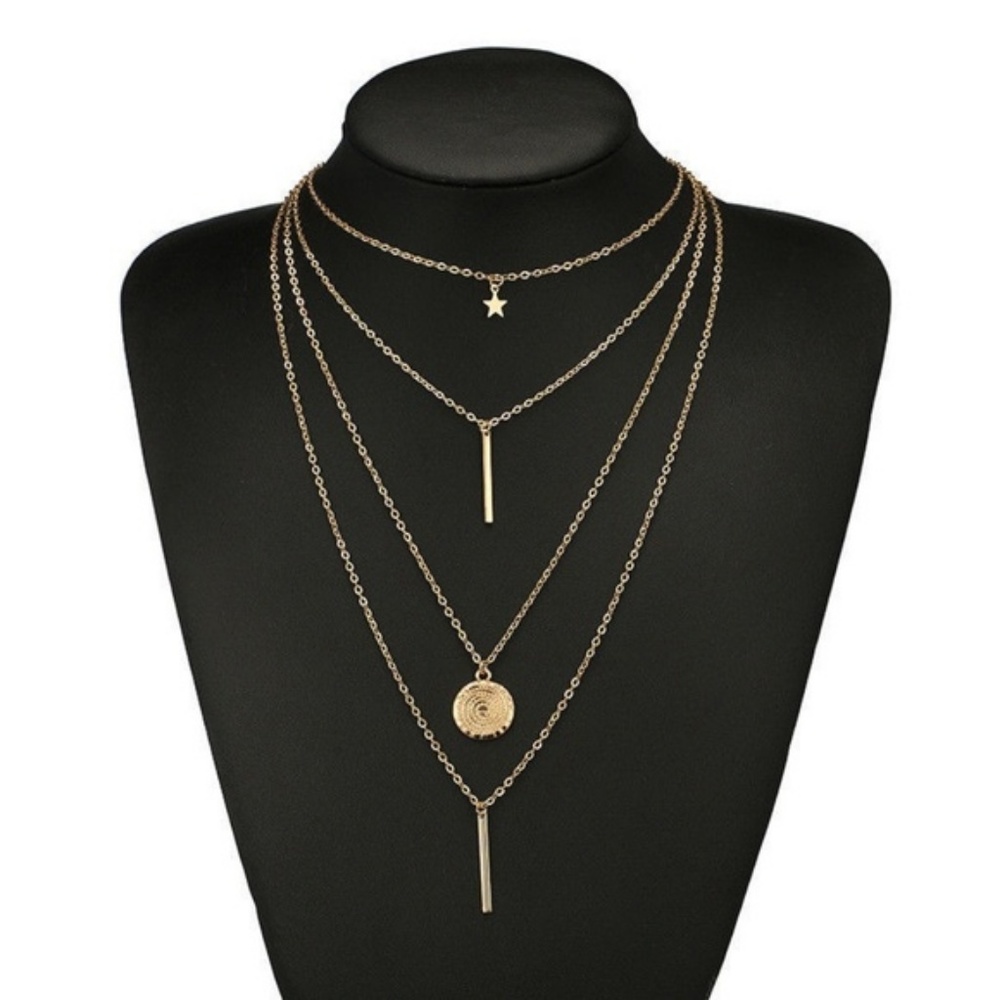 Gold Star Coin Layer Chain Bar Pendent Necklace - Picture 2 of 8